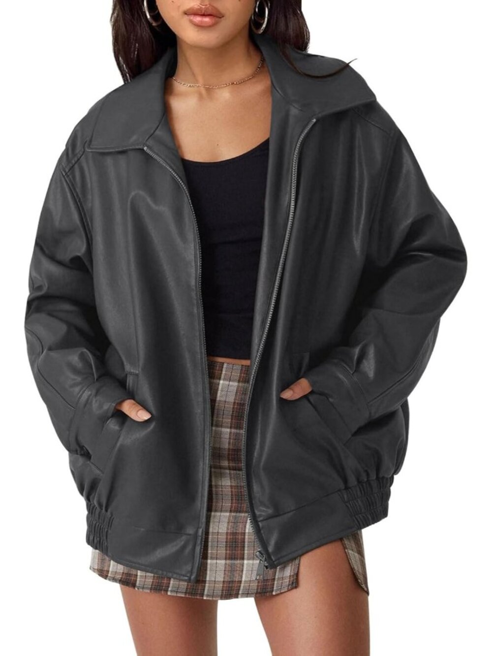 Women's Grey Oversized Styling Faux Leather Jacket for Fall and Winter Jackets